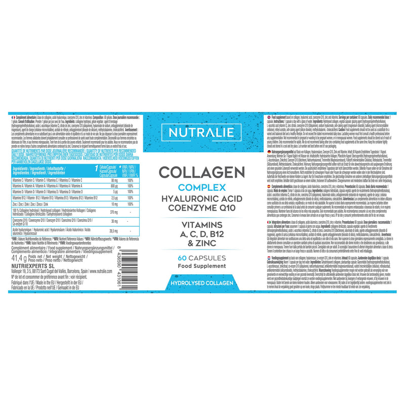 Collagen + Hyaluronic Acid + Coenzyme Q10 + Vitamins A, C, D and B12 + Zinc | for Skin, Joints and Hair | Hydrolysed Collagen 60 Capsules | Nutralie - BeesActive Australia