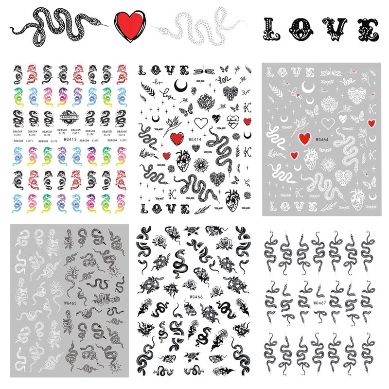 6 Sheets Hot Snake Dragon 3D Self-Adhesive Nail Art Stickers,Black White Python Flower Dragon Love Leaves Nail Decals for Acrylic Nail Supplies,DIY Cool Street Fashion Nail Decorations - BeesActive Australia