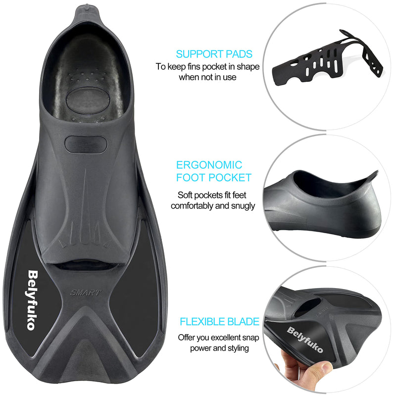 Belyfuko Short Swim Fins, Adult Snorkel Fins for Lap Swimming Diving Snorkeling Travel Size with Mesh Bag Black Small - BeesActive Australia