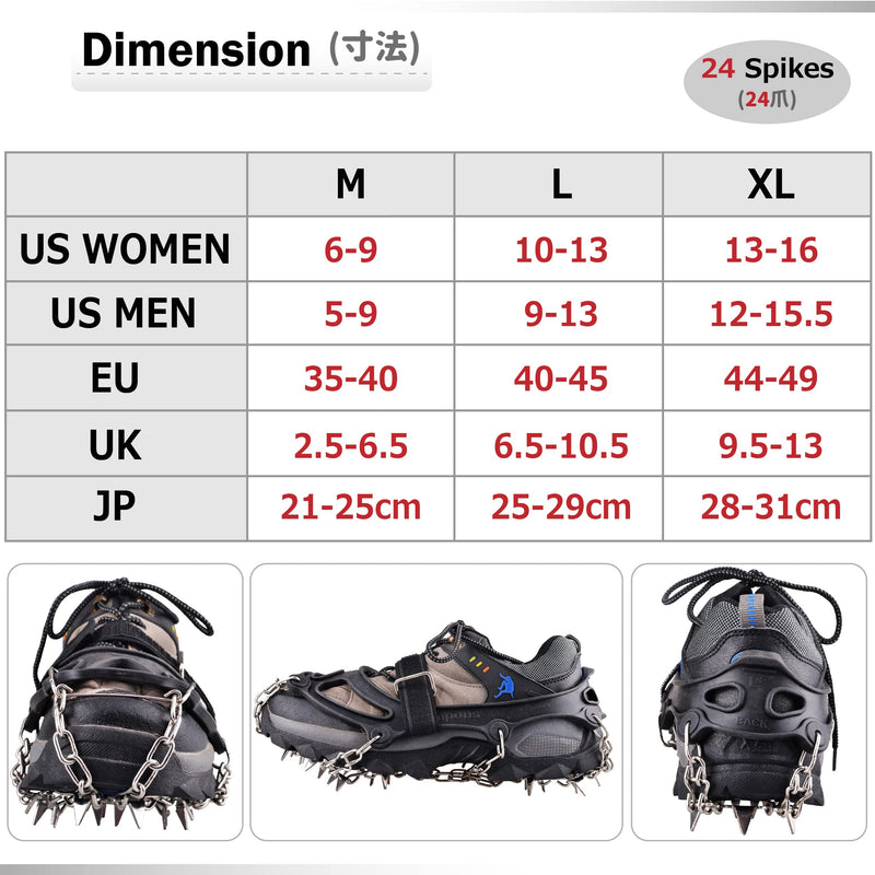 Azarxis Crampons Ice Traction Cleats, Ice Snow Grips for Boots and Shoes, Anti Slip 19 24 Stainless Steel Spikes, Safe Protect for Women Men Walking, Jogging, Climbing or Hiking Black - 24 Spikes Medium - BeesActive Australia