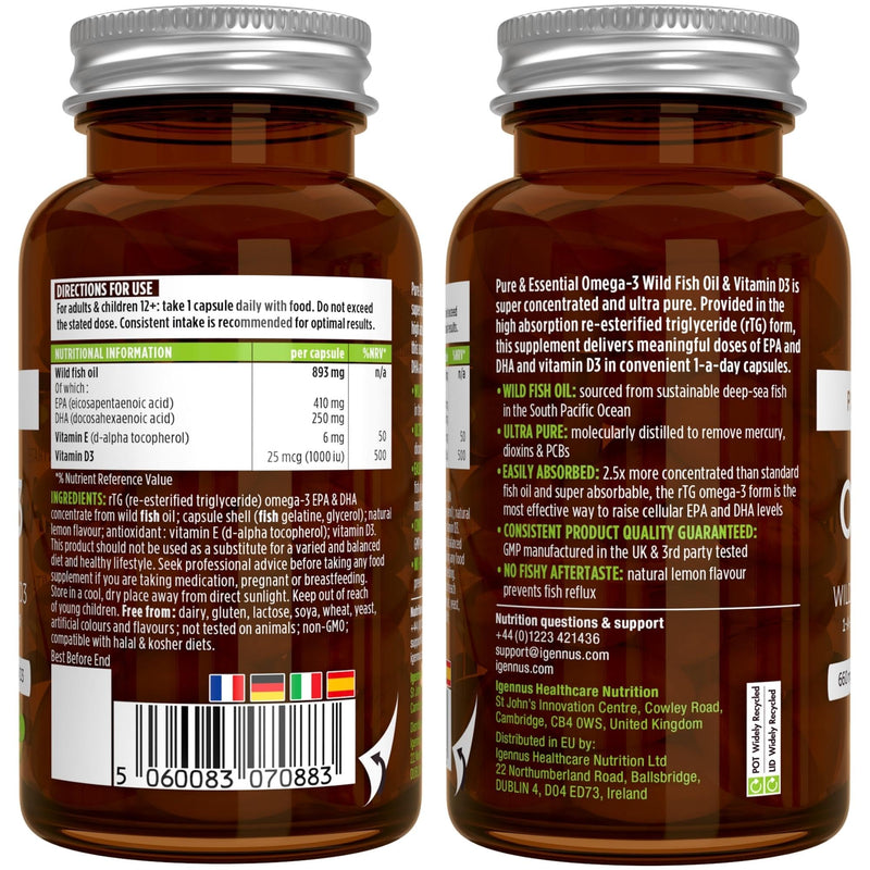 Omega-3 Wild Fish Oil & Vitamin D3 1000IU, 1-a-Day, Highly Concentrated EPA & DHA, Fast-Acting rTG, Natural Lemon Flavour, 60 Softgels, by Igennus - BeesActive Australia