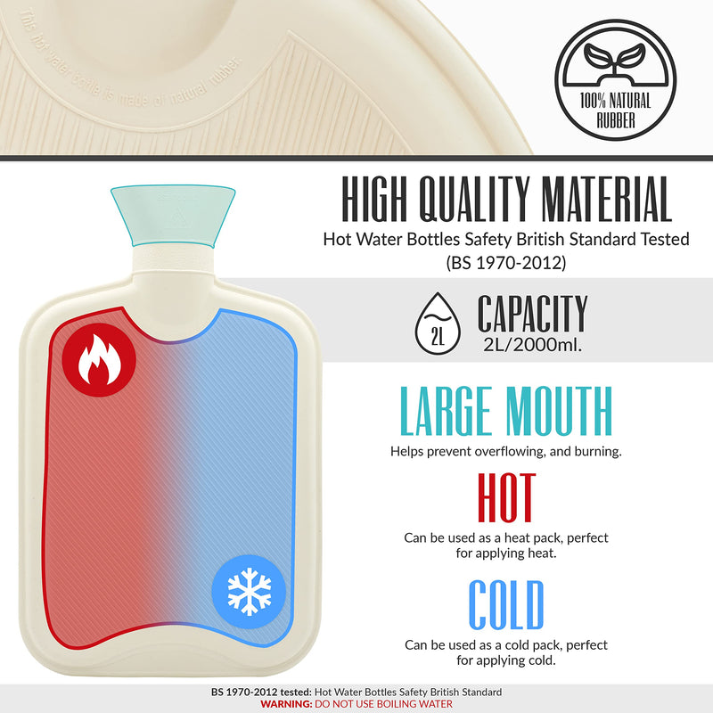 CityComfort Hot Water Bottle with Soft Fleece Cover - Natural rubber 2 litre - British Design - UK Safe Tested - BeesActive Australia