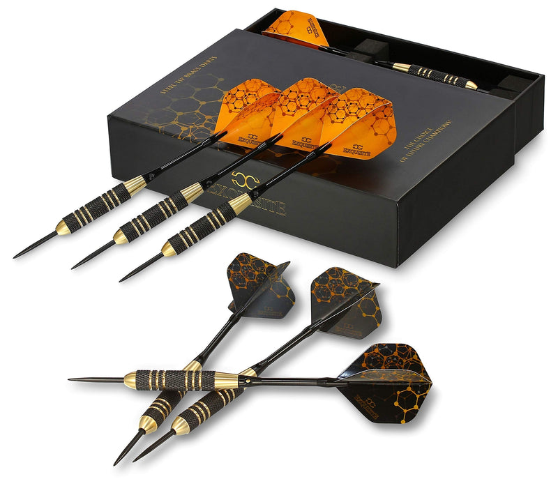 CC-Exquisite Professional Steel Tip Darts Set - 6 x 22g Brass Barrels with 12 Flights Standard/Slim, 12 Aluminum Shafts 35/48mm, 12 O-Rings, Dart Tool, Dart Sharpener and Case (Black & Gold) - BeesActive Australia