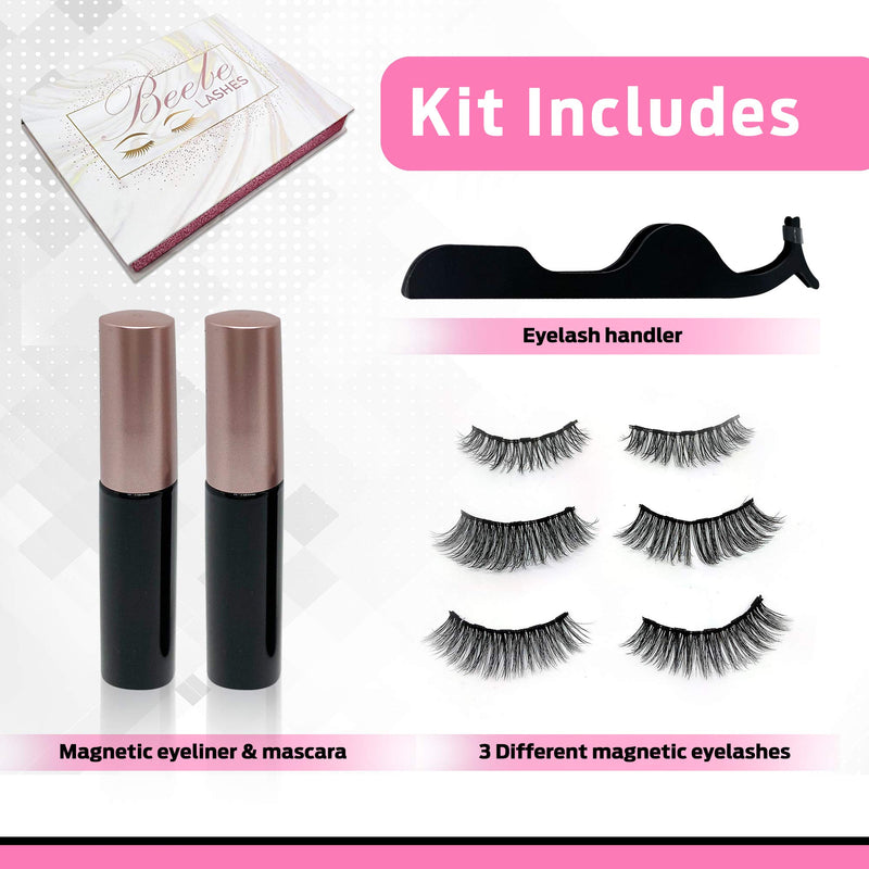 Magnetic Eyeliner and Magnetic Lashes Kit, 3 Lash Style with 2 Waterproof Eyeliner and Tweezer - BeesActive Australia