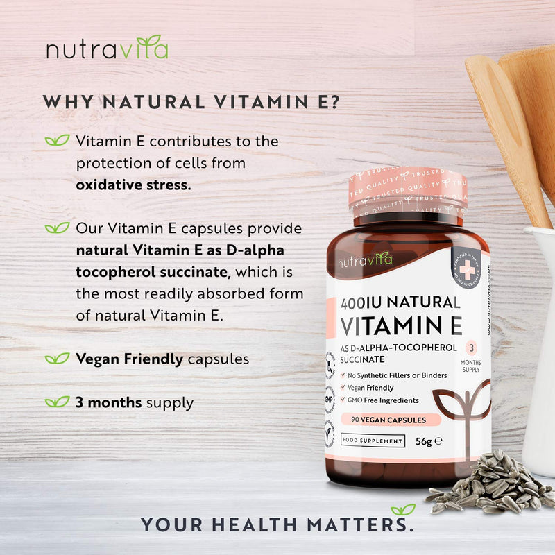 Vitamin E 400IU D-Alpha Tocopherol � 100% Natural Vitamin E � 90 Vegan Capsules � Highly Absorbable � 3 Month Supply � Protects Cells from Oxidative Stress � Made in The UK by Nutravita 90 Count (Pack of 1) - BeesActive Australia