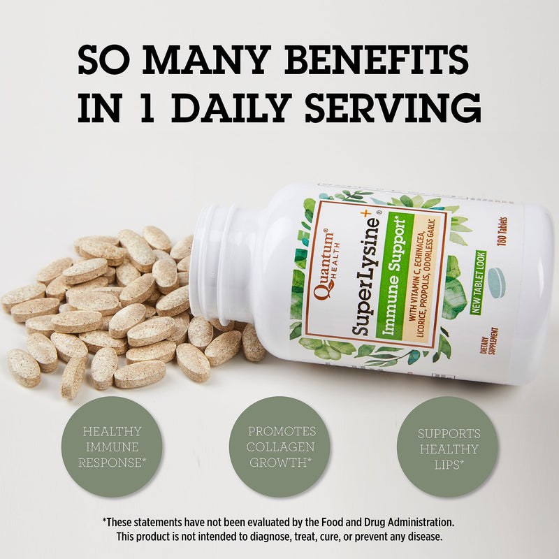 Quantum Health SuperLysine+ Advanced Formula Immune Support Supplement Lysine 1500 mg, Vitamin C Echinacea Licorice Bee Propolis & Odorless Garlic Daily Wellness Blend for Women & Men - 180 Tablets 180 Count - BeesActive Australia