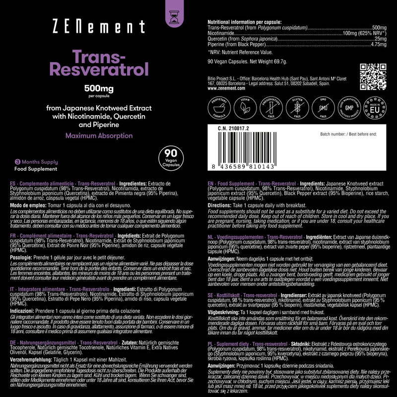 Trans-Resveratrol 500mg, with Nicotinamide, Quercetin and Piperine, 90 Capsules | Anti-Aging, Healthy Aging, Antioxidant | Vegan, Preservatives Free, Allergen Free, Non-GMO | Zenement - BeesActive Australia