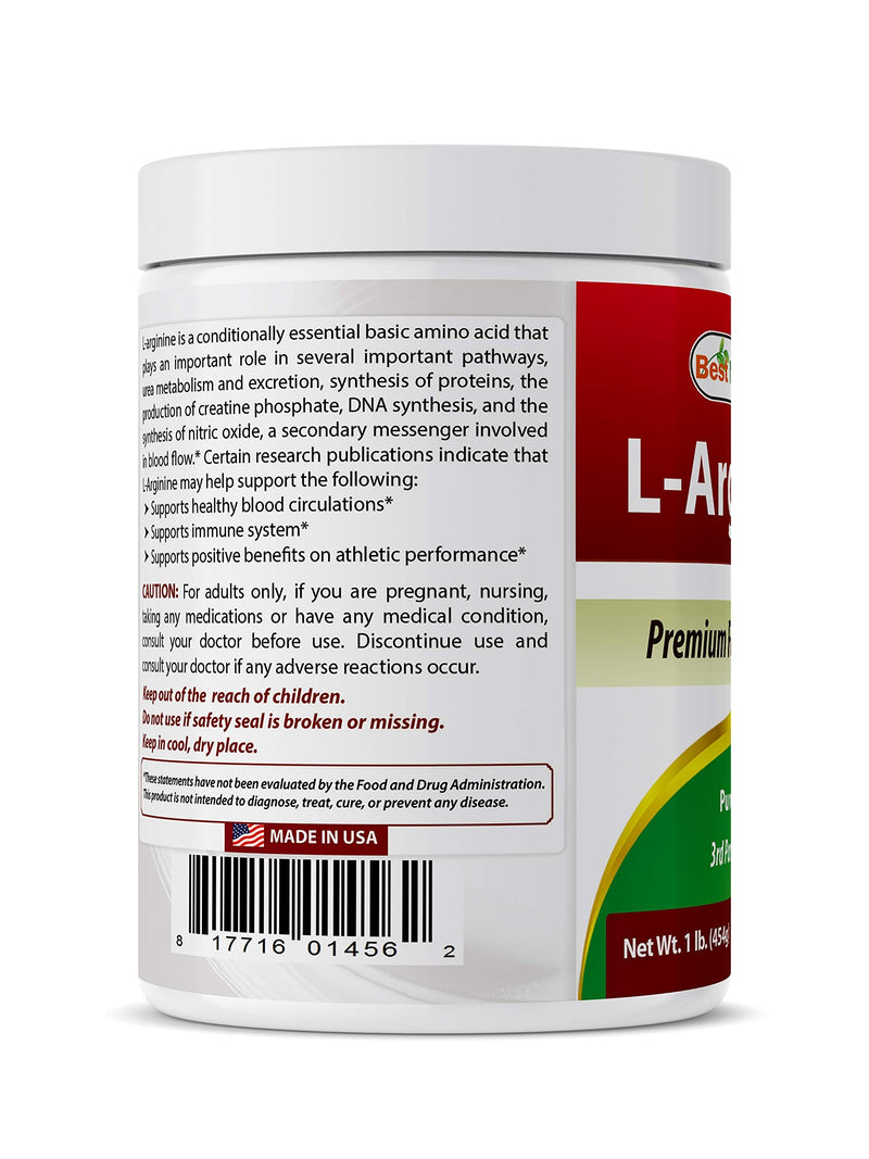 Best Naturals L-Arginine Powder 1 Pound - Pure Pharmaceutical Grade Free Form - Best Amino Acid Arginine Supplements for Women & Man - Promotes Circulation and Supports Cardiovascular Health - BeesActive Australia