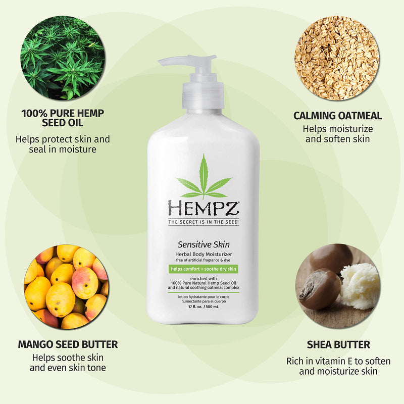 Hempz Sensitive Skin Herbal Body Moisturizer with Oatmeal, Shea Butter for Women and Men, Premium, Soothing Body Lotion with Hemp Seed, Cocoa Seed, Mango Seed for Dry Skin, 17 Fl Oz 16.91 Fl Oz (Pack of 1) - BeesActive Australia