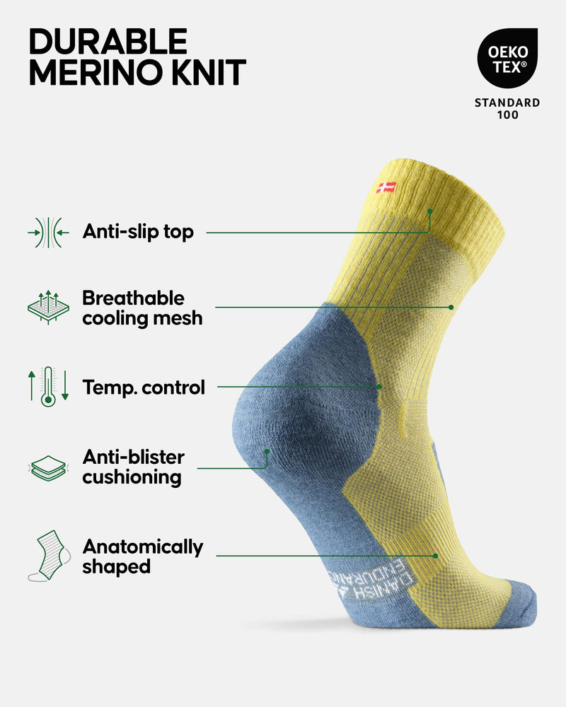 DANISH ENDURANCE Merino Wool Light Hiking Socks 1-Pack for Men, Women & Kids, Trekking, Made in EU, Short-Crew, Breathable 6.5-8.5 Yellow/Flint Grey - BeesActive Australia