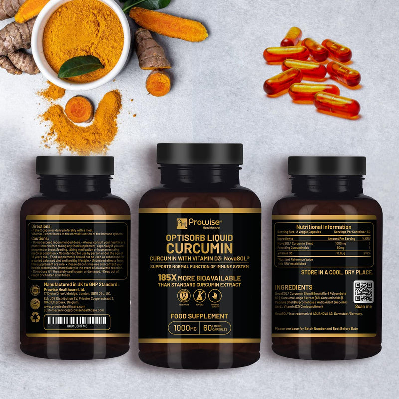 Optisorb Liquid Curcumin with Vitamin D - 60 Liqcaps | 185x Turmeric & Curcumin Bioavailability - Ultra Bioavailable | Liquid Capsules with 500mg NovaSOL� per Capsule - UK Manufactured - BeesActive Australia