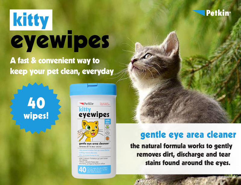 Petkin Kitty Eye Wipes, 40 Moist Wipes - Gentle Eye Cleaning Wipes Remove Dirt, Discharge, & Tear Stains - Safe, Convenient, Easy to Use Pet Wipes for Cats & Kittens - Ideal for Home or Travel - BeesActive Australia