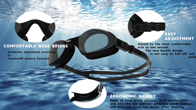 Whale Swimming Goggles Anti-Fog Anti-UV Silicone Swim Goggles Adult Women Men Black Frame/Black Lens - BeesActive Australia