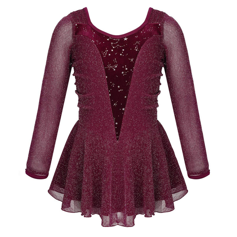 [AUSTRALIA] - YOOJIA Kids Girls Shiny Long Sleeves Splice Figure Ice Skating Leotard Dress Ballet Dance Gymnastics Activewear Burgundy 14 