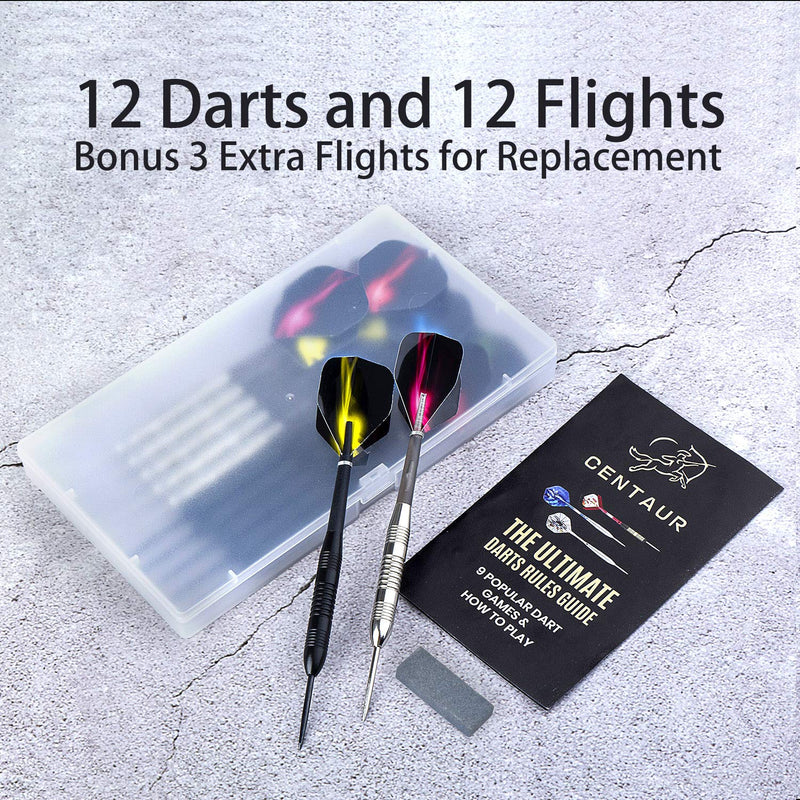 [AUSTRALIA] - CENTAUR 12 Pack Steel Tip Darts, Professional 22 Grams Metal Dart Set with Frosted PVC Shafts and 5 Style PET Flights and Dart Case, Flight Protector Dart Board Kit Accessories, Silver & Black 