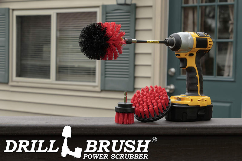 Outdoor - Cleaning Supplies - Drill Brush - Stiff Bristle Power Scrubber Kit with Extension for - Garden - Fire Pit - Patio - Deck - Floor Cleaner - Concrete - Stone - Brick - Spin Brush - Bird Bath Red - BeesActive Australia