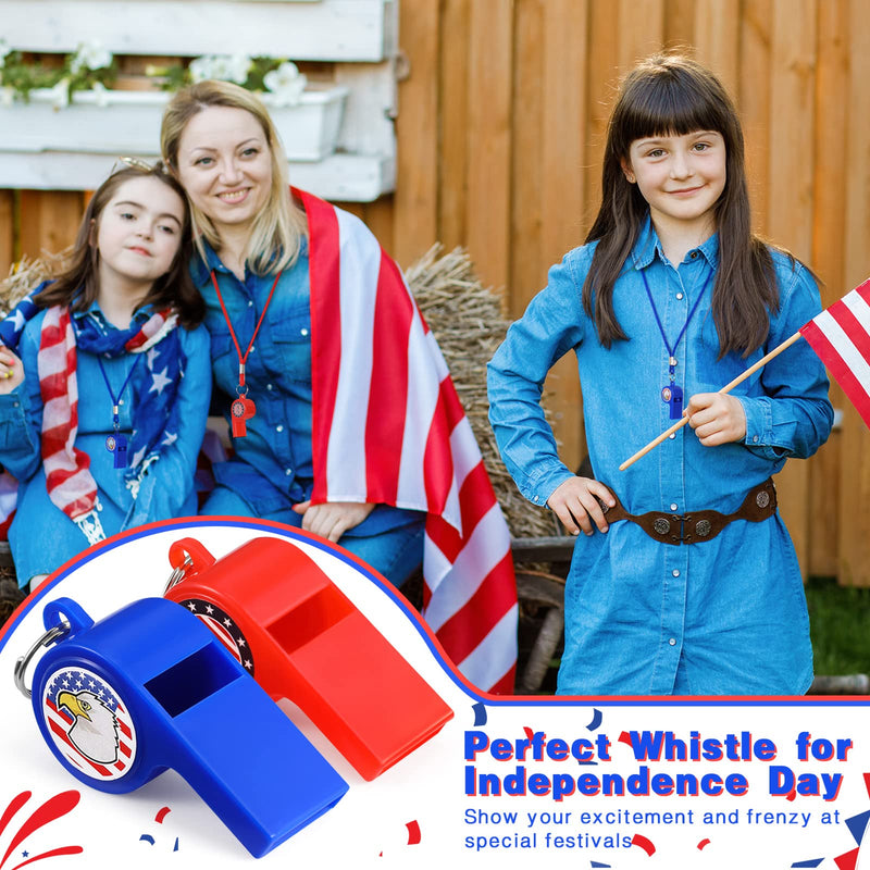 Wettarn 36 Pcs Emergency Whistle with Lanyard Independence Day Whistle for Kids with Patriotic Sticker Whistle Necklace Plastic Sports Whistle Party Favors for Classroom Home Training Red Blue - BeesActive Australia
