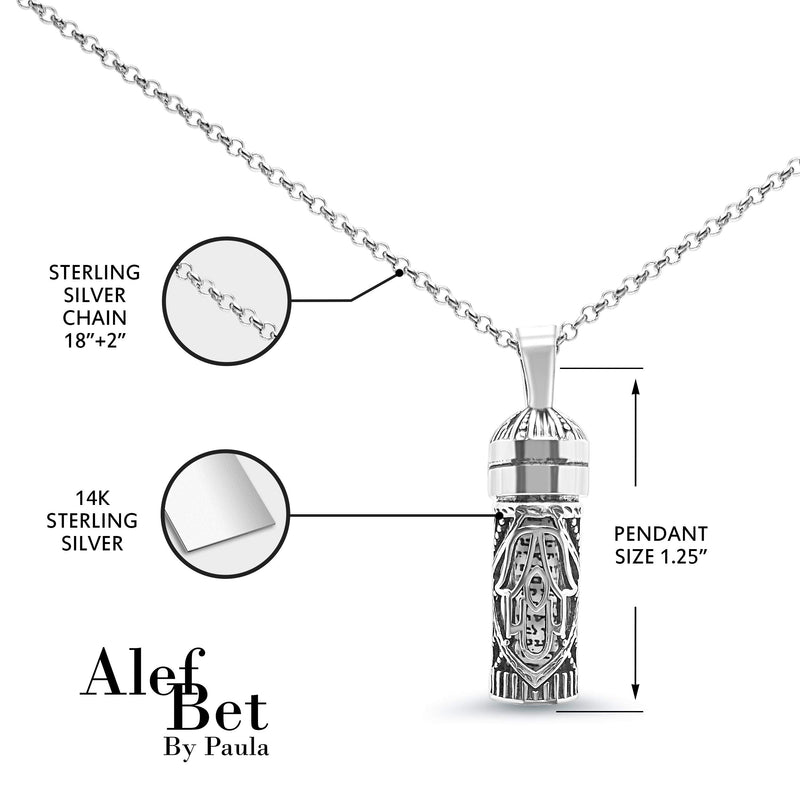 Alef Bet by Paula Mezuzah Necklace Sterling Silver Men and Women Open Hamsa - BeesActive Australia