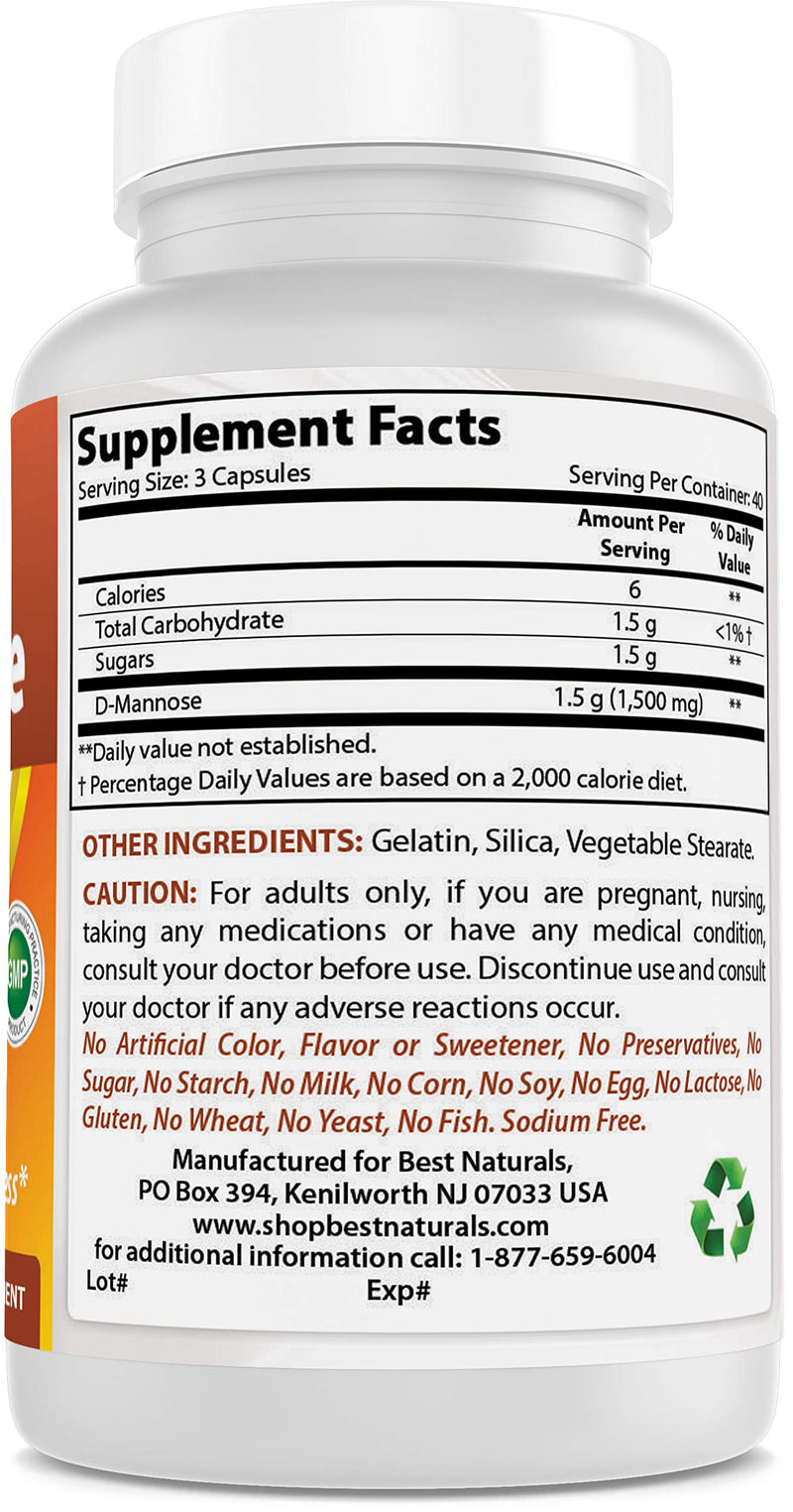 Best Naturals D-Mannose Capsules - Urinary Tract Cleanse Supplement 1500mg/Serving - 120 Count (120 Count (Pack of 1)) 120 Count (Pack of 1) - BeesActive Australia