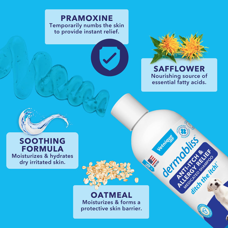 VETNIQUE LABS Dermabliss Dog Anti-Itch & Allergy Relief, Medicated Shampoos, Hot Spot, Benzoyl Peroxide Help Relieve Irritated Skin - Ditch The Itch Itch Relief 16oz Shampoo - BeesActive Australia