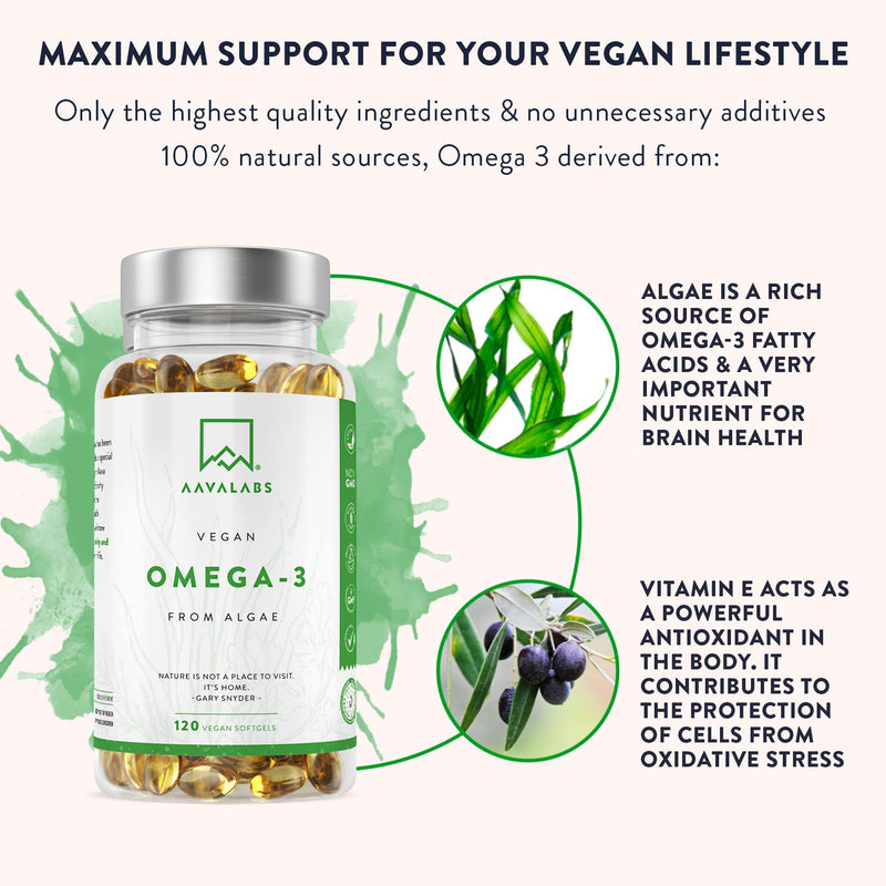 Premium Vegan Omega 3 High Strength [ 1100 mg ] - 600 mg DHA and 300 mg EPA per Daily dose of 4 Vegan Omega 3 Capsules- 120 Omega 3 Vegan - with Vitamin E - from Sustainable Plant-Based Algae Oil - BeesActive Australia