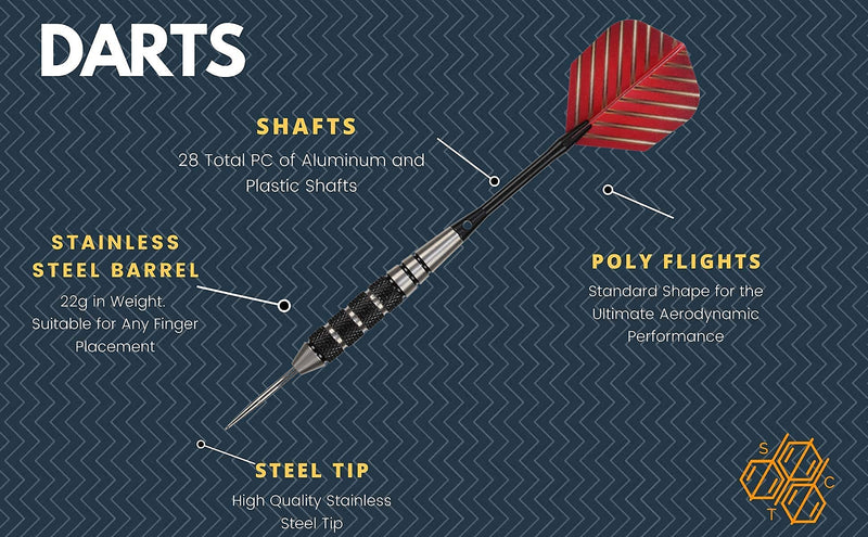 Steel Tip Darts Set - Professional 12PC Darts Steel Tip for Dartboard - Includes Steel Brass Barrels + Plastic & Aluminum Shafts + O-Ring's + Flights & Protectors + Sharpener + Wrench 22g-STC10432 - BeesActive Australia