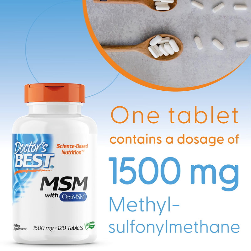 Doctor's Best, MSM, with OptiMSM, 1500 mg, 120 Vegan Tablets, Highly Dosed, Laboratory Tested, SOYA-Free, Gluten-Free, Non-GMO, Natural Sulphur - BeesActive Australia