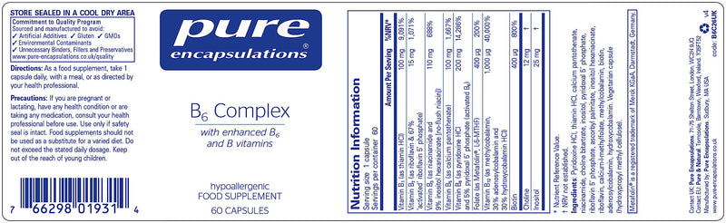 Pure Encapsulations - Vitamin B6 Complex - Hypoallergenic B Vitamin Formula with Enhanced B6 and B12-60 Capsules - BeesActive Australia