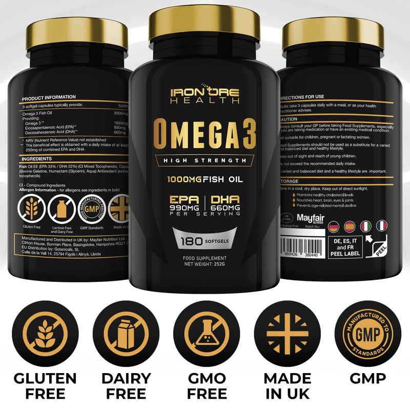 Omega 3 Fish Oil - 180 High Strength Capsules - 990mg EPA & 660mg DHA per Daily Serving - 2 Months Supply - Made in UK - BeesActive Australia