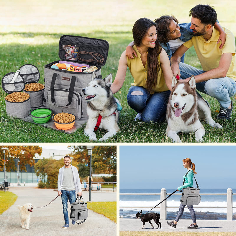Modoker Dog Travel Bag with Dog Backpack, Airline Approved Pet Travel Bag with Shoulder Strap, 2 Collapsible Dog Bowls, 2 Travel Dog Food Container Grey - BeesActive Australia