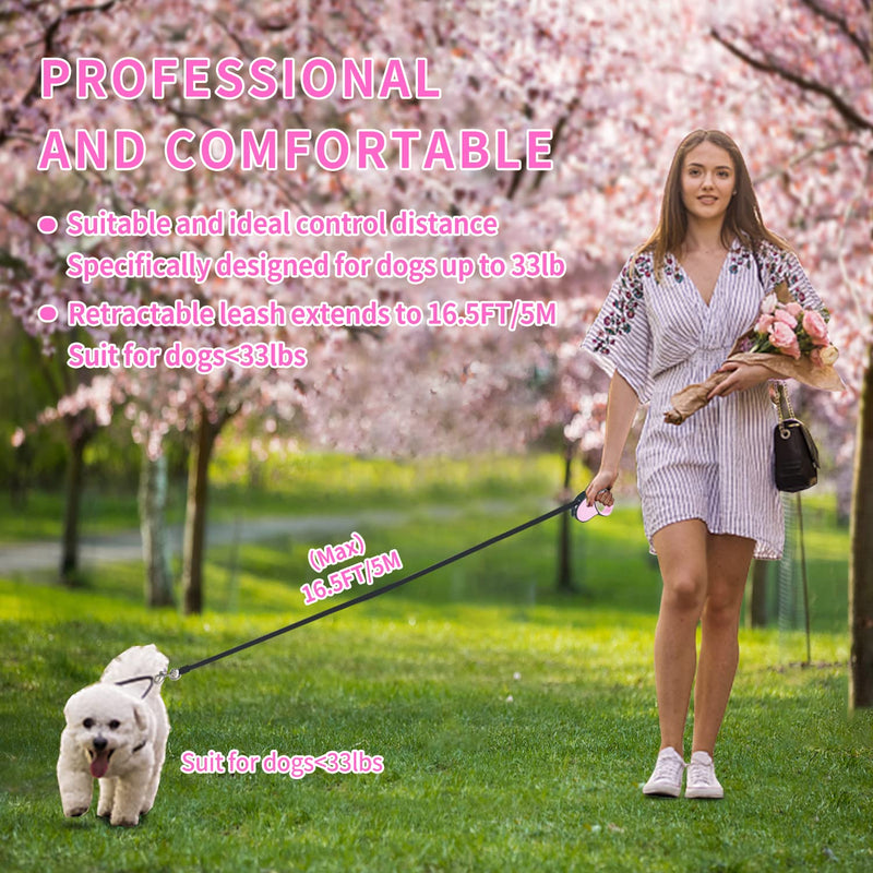 Slognny Retractable Dog Leash,[Strong Nylon Tape][One-Handed One Button Lock] for Medium Small Dog or Cat,16ft Pet Walking Leash with 360°Tangle-Free Design,Anti-Slip Handle,Gift Package pink - BeesActive Australia