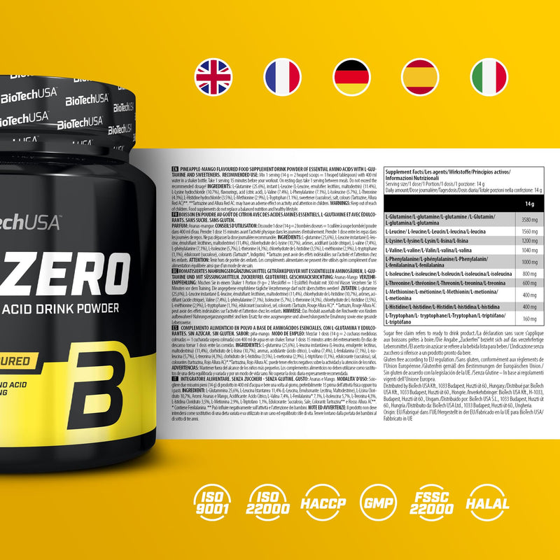 BioTechUSA EAA Zero - Essential Amino Acid Power | 7160mg EAA/serv. | WHO Recommended Ratio | Sugar-Free, Gluten-Free, 350 g, Pineapple-Mango - BeesActive Australia