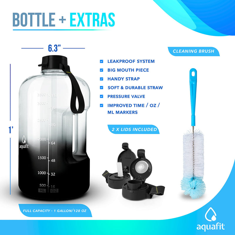 AQUAFIT 1 Gallon Water Bottle with Straw Motivational Water Bottle Big Water Bottle with Straw 1 Gallon Water Bottle Water Jug 1 Gallon Water Jug Daily Water Bottle with Time Marker Bottle Black Fade - BeesActive Australia