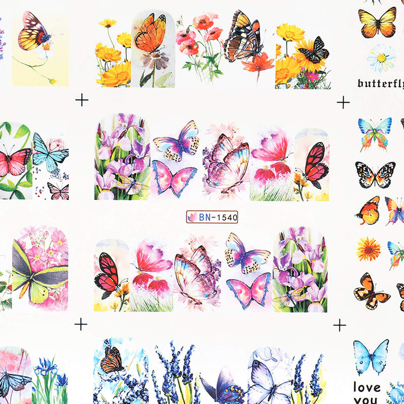 Butterfly Nail Art Stickers Decals,Water Transfer Full Wraps Butterflies Flowers Design for Acrylic Nails Supplies,DIY Full Cover Manicure Tips Nail Decorations Kit for Women(12 Sheets) - BeesActive Australia