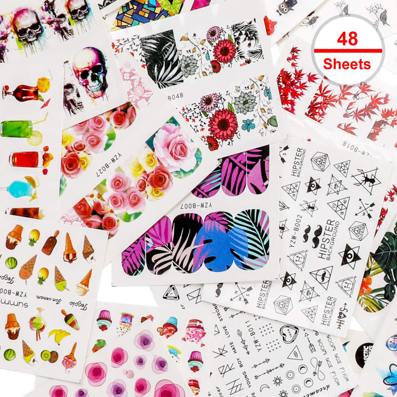 48 Sheets Mixed Nail Art Stickers, AKWOX Nail Art Water Transfer Sticker Home Manicure Decals with Flowers Feather Animal Cat for Women Toenails and Fingernails Decor DIY Nail Tips - BeesActive Australia