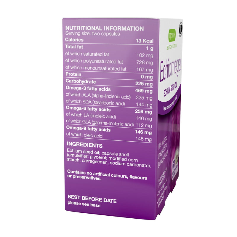 Echiomega Vegan Omega 3-6-9, Plant Based Echium Seed Oil, Ideal 2:1 ratio Omega-3 to Omega-6 GLA, Women’s Health, 60 Small Softgels, by Igennus - BeesActive Australia