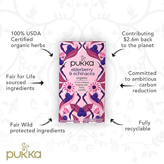 Pukka Herbs - Elderberry and Echinacea of Organic Herbal Tea by Elderflower - 20Sachet(s) - BeesActive Australia