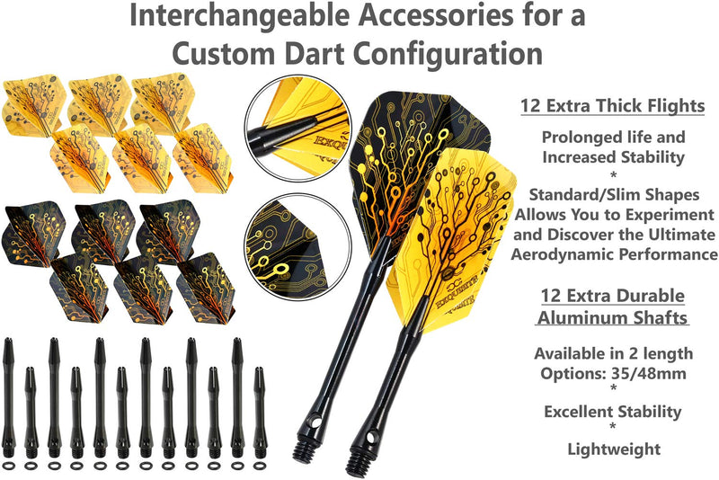 CC-Exquisite Professional Steel Tip Darts Set - 6 x 20g Brass Barrels with 12 Flights, Black - BeesActive Australia