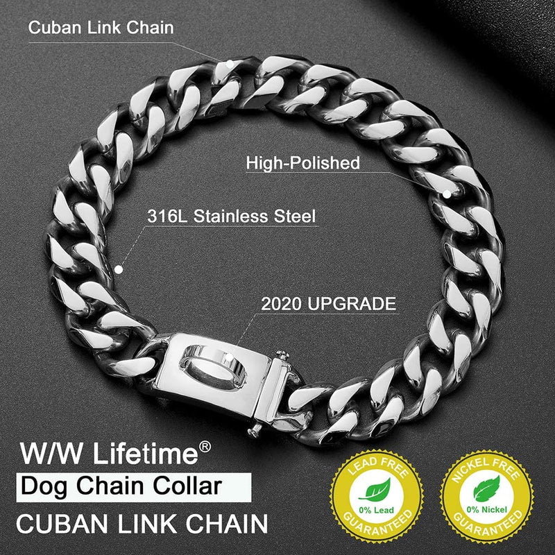 W/W Lifetime Dog Chain Collar Walking Metal Collar with Design Secure Buckle Cuban Link Strong Heavy Duty Chew Proof Chain Collar for Small Medium Large Dogs 20 Inch - BeesActive Australia