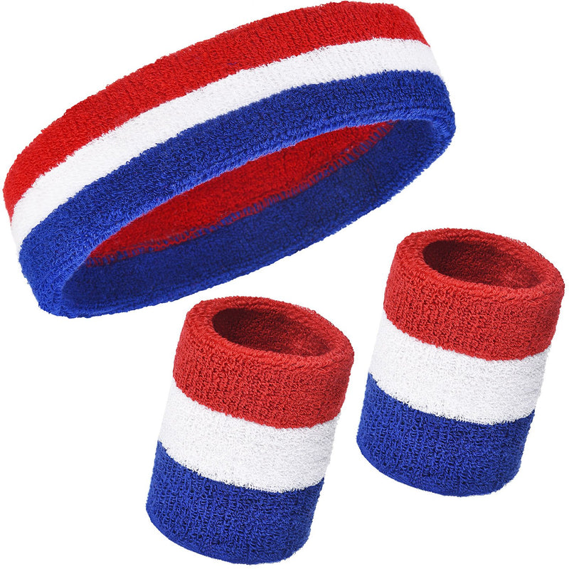12 Pieces Striped Sweatbands Set, Includes 4 Pieces Sports Headband and 8 Pieces Wristbands Sweatbands Colorful Cotton Striped Sweatband Set for Men and Women（Red White and Blue Set 4, 12 Pieces - BeesActive Australia