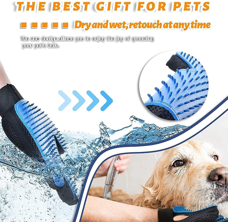 Pet Grooming Glove Hair Remover Brush Gentle Deshedding Efficient Pet Mitt Pet Massage Gloves Left & Right Hand Draw Dogs Cats Horses Long Short Fur (1Pair Left & Right Hand) Blue - BeesActive Australia