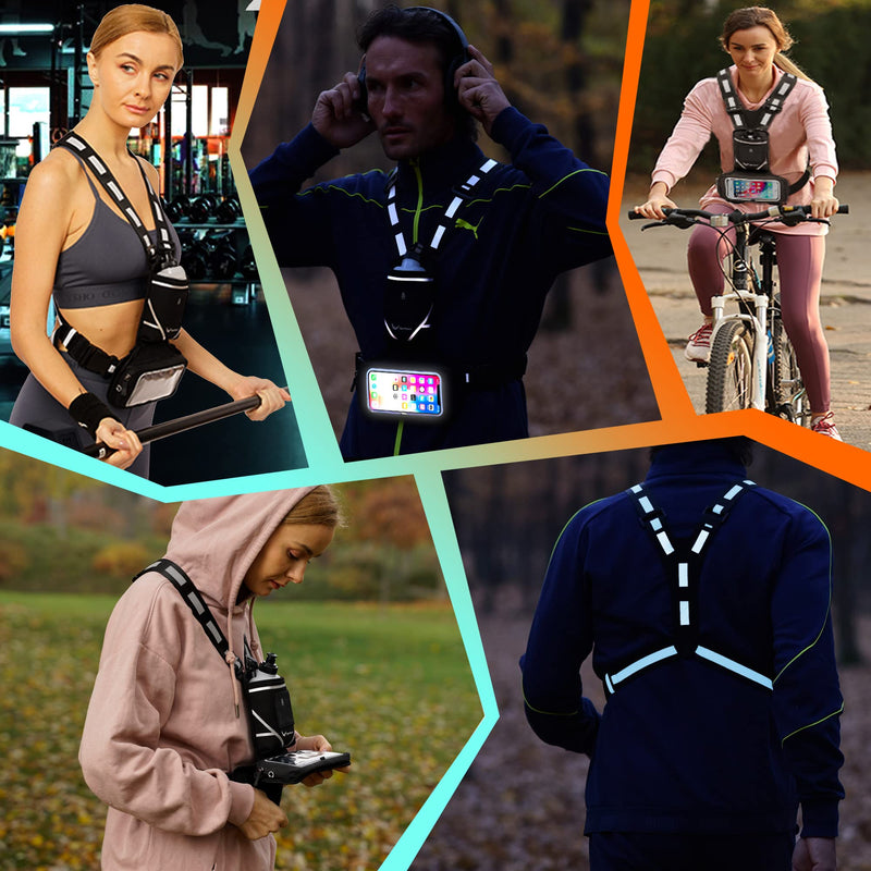 New Reflective Chest Pack Bag w/12 oz. Water Bottle and Touchscreen Ready Clear Window - iPhone/Android Phone Holder - Night Gear Vest w/360° High-Viz for Jogging, Walking, Hiking, Workouts, Cycling! Stylish Black - BeesActive Australia