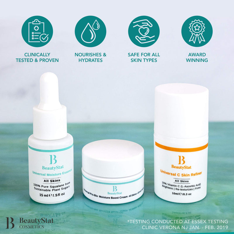 BeautyStat Mini Universal Essentials Skin Care Kit - 3 in 1: Universal C Skin Refiner + Universal Pro Bio Moisture Boost Cream + Universal Moisture Essence | Created by a Veteran Cosmetic Chemist - BeesActive Australia