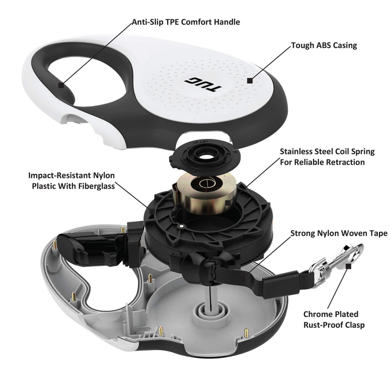 TUG 360° Tangle-Free Retractable Dog Leash with Anti-Slip Handle | 16 ft Strong Nylon Tape | One-Handed Brake, Pause, Lock Medium White - BeesActive Australia