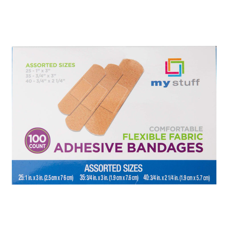 My Stuff Fabric Bandages, Flexible Cloth Adhesive for First Aid, Wound Care, Assorted Sizes, Non-Stick Gauze Pad, Pack of 100, Brown - BeesActive Australia