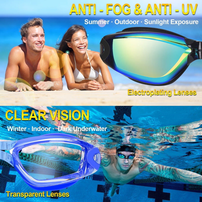 Swim Goggles, Swimming Goggles for Men Adult Women Youth Kids & Child, Teen 1.black W/ Ultra Mirror Lens&blue W/ Clear Lens - BeesActive Australia