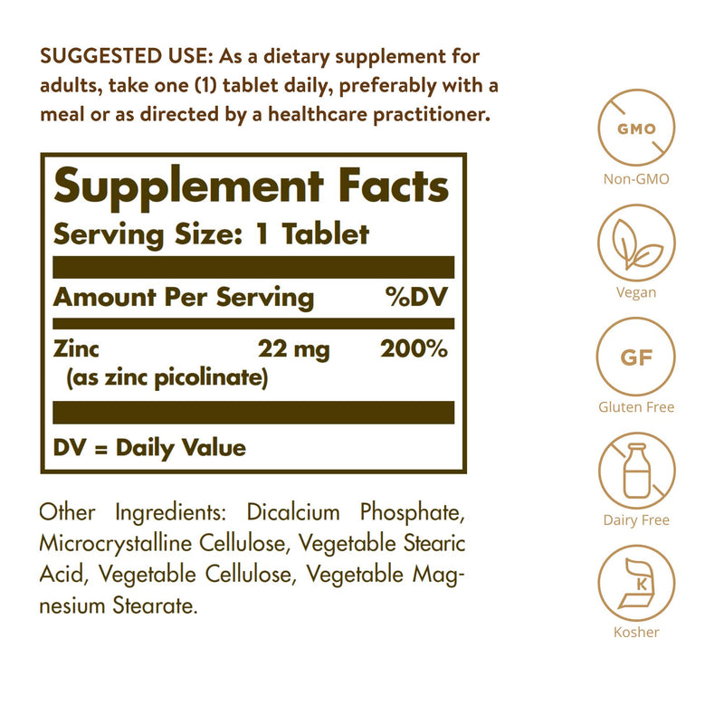 Solgar Zinc Picolinate 22 Mg Tablets - Pack of 100 - Healthy skin, hair and nails - Highly absorbable premium form, Easy to Swallow - Vegan - BeesActive Australia