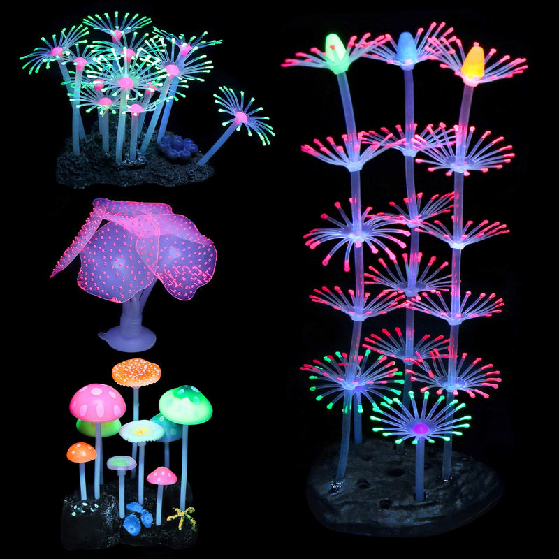 Filhome Glowing Fish Tank Decorations Plants, 4 pcs Glow Aquarium Decorations, Glowing Mushroom Coral Plant Ornaments Mushroom, Strip coral, Coral, Anemone - BeesActive Australia