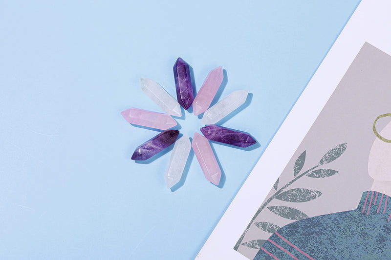 CrystalTears Healing Crystal Wands Hexagonal Natural Amethyst Rose Quartz Clear Quartz Reiki Healing Crystals Points Gemstone Wand Set for Meditation Crystal Therapy Christmas Gift Amethyst+rose Quartz+clear Quartz - BeesActive Australia