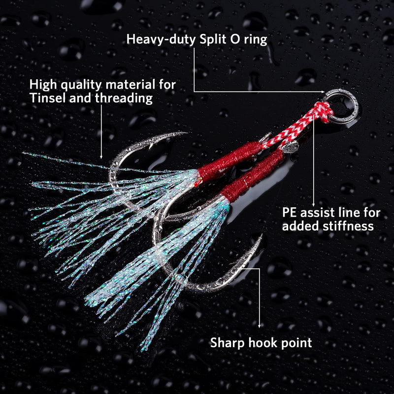 Goture Silver Bucktail Jigging Double Fishing Assist Hooks Kit for Lead Vertical Jigging Lures Jigging Slow Fast Jigs, Pack of 5 #1/0 0.53oz(5pcs) - BeesActive Australia